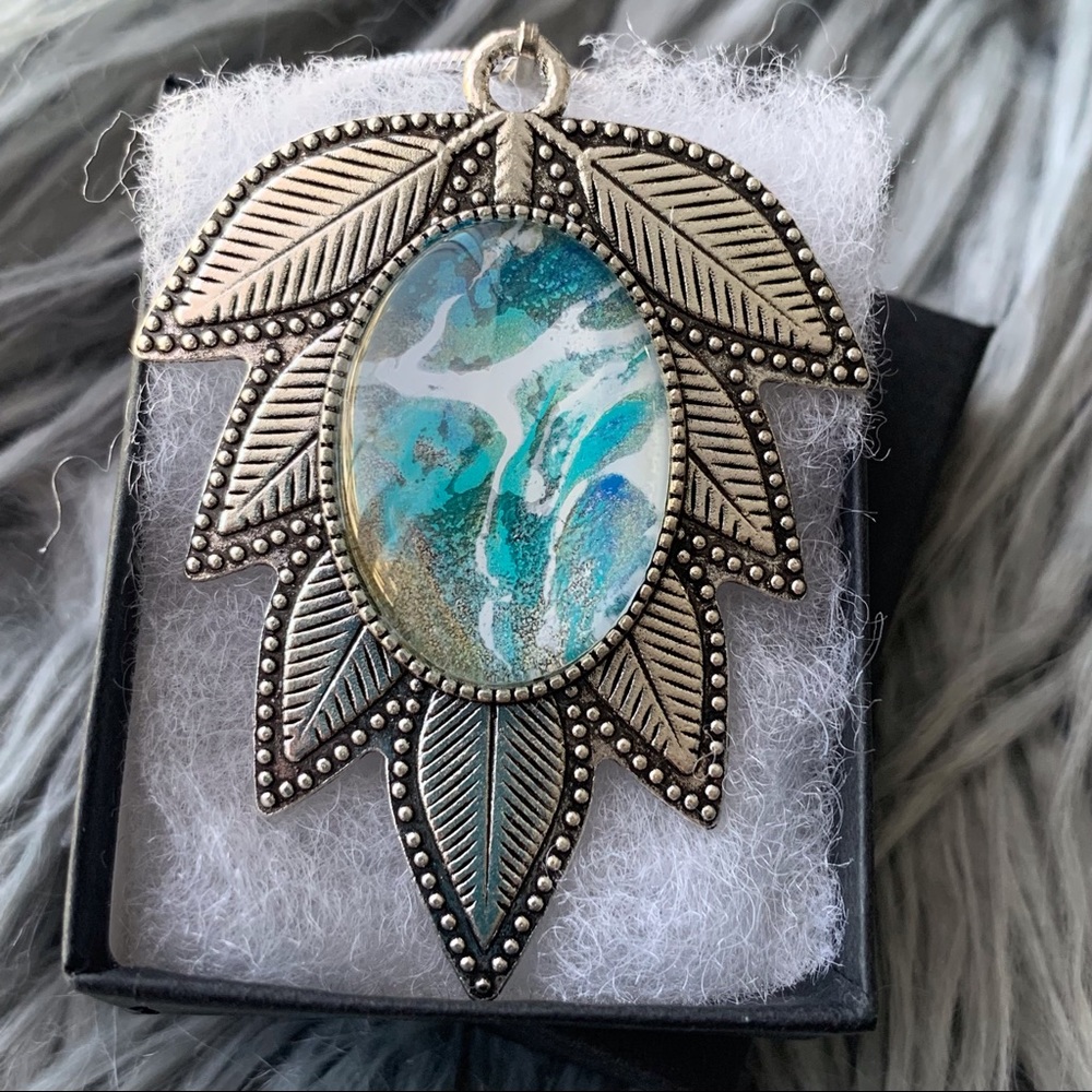 Handmade Fluid Art Necklace- Metallic Tropics